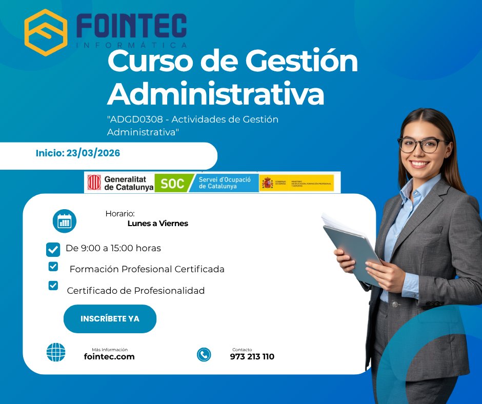 Fointec's tweet photo. Aprende las competencias más demandadas en oficinas y empresas: gestión administrativa, herramientas digitales y organización empresarial. Un curso práctico, con enfoque real y posibilidad de prácticas en empresa para facilitar tu inserción laboral. https://t.co/fwS6kuI65z
