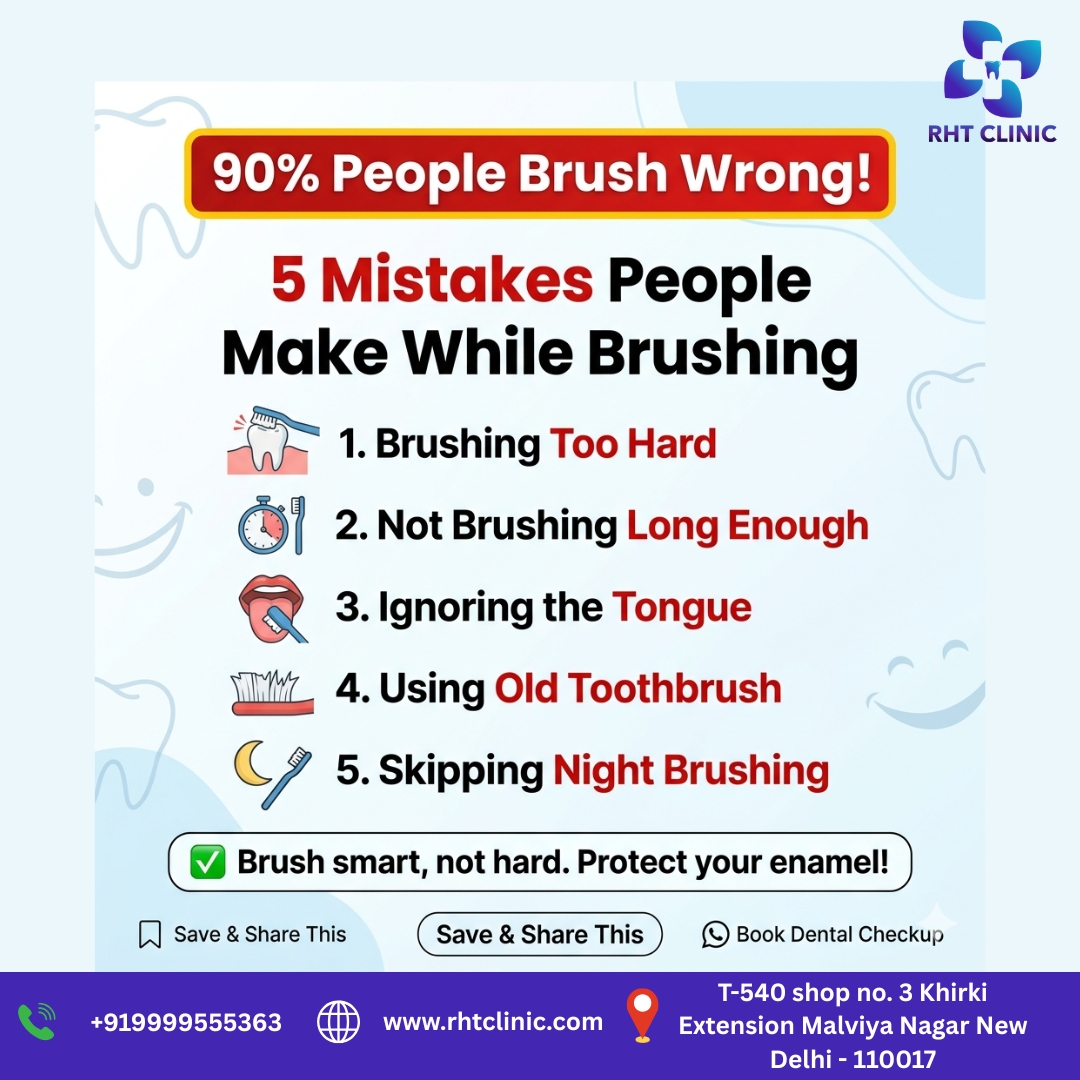 RHTClinic's tweet photo. 90% people brush wrong — are you one of them? 😬
Brushing daily is not enough… brushing correctly is what protects your teeth from cavities, sensitivity, and gum problems.
🌐 https://t.co/3MjgrQl9br
#RHTClinic #DentistInDelhi #MalviyaNagarDentist #DentalCareDelhi #OralHealthTips https://t.co/m2VSloG4sJ