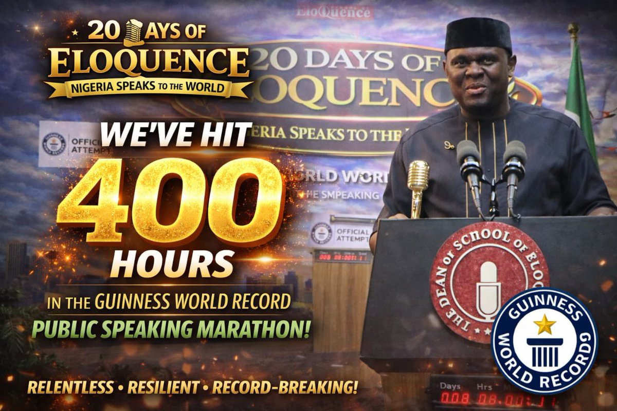 kasalioluw82460's tweet photo. A Remarkable Milestone Achieved
The School of Eloquence celebrates reaching 400 hours of continuous public speaking in our ongoing  Guinness World Record attempt, with a target of 480 hours. This achievement reflects resilience, discipline, and excellence and the journey continues. Be part of this historic accomplishment. Speaking Nonstop. Click the YouTube link below to livestream. 

https://t.co/z14r3L6inB