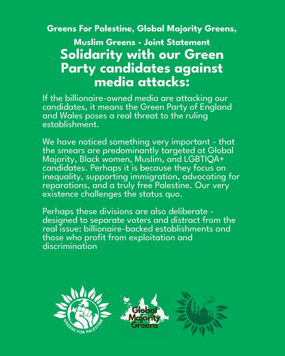 Greens4P's tweet photo. Billionaire media attacking our @GreensOfColour , Black women &amp; @muslim_greens candidates? We're a threat to the establishment because we challenge inequality, support immigration &amp; Free Palestine✊🇵🇸 https://t.co/wuMShDPEjJ