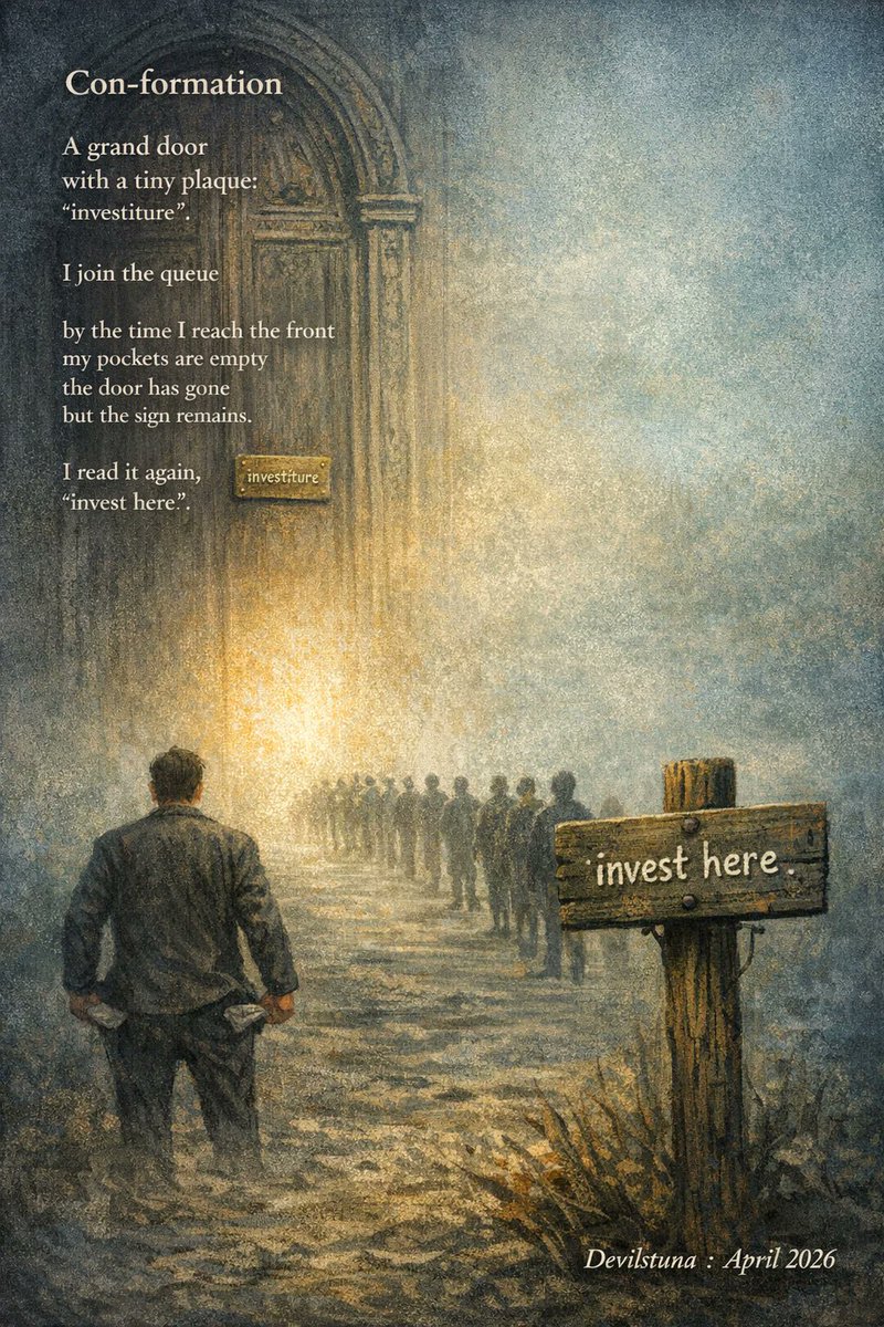 thedevilstuna's tweet image. #vss365

Con-formation

A grand door
with a tiny plaque:

“investiture”.

I join the queue

by the time I reach the front
my pockets are empty
the door has gone
but the sign remains.

I read it again,
"invest here".

#investiture
#poetrycommunity
#writerscommunity
#poem