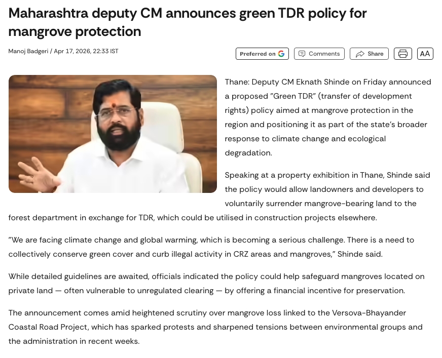A “green TDR” policy where private mangrove land is handed to the <a href="/MahaForest/">Maha Forest Official</a> in exchange for development rights elsewhere - the same guys who are clearing 45,000+ mangroves for infra projects

Protecting mangroves or centralising control so that they are easy to divert later?