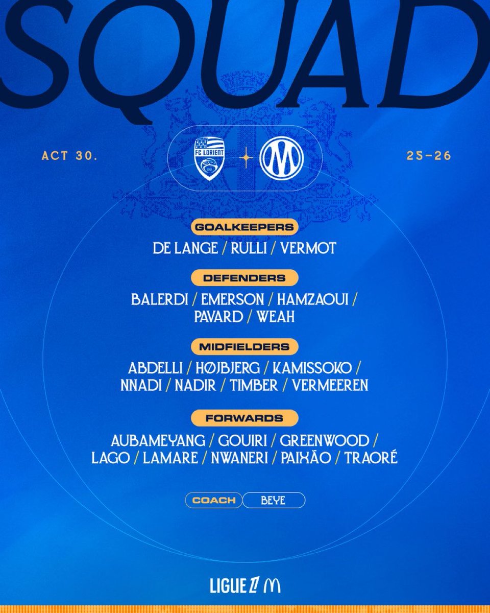 OM_English's tweet image. 📋 𝐒𝐐𝐔𝐀𝐃 ⚔️ #FCLOM

Here are the 2️⃣3️⃣ Olympiens selected by 𝗛𝗮𝗯𝗶𝗯 𝗕𝗲𝘆𝗲 🇸🇳 for the trip to Lorient 💪

⚪️🔵