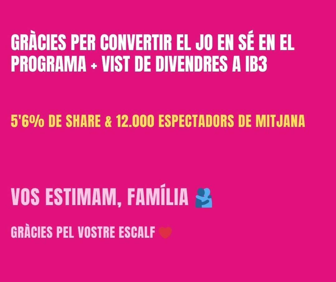 Darrerament no feim servir molt X, però vos volem donar les gràcies per l'escalf que ens heu fet arribar per tots els canals possibles.

Dia 26 de juny serà el darrer Jo en sé a IB3. Vos prometem alegria i emocions fins el final. 

PS. Encara tenim càsting obert. Veniu!!!