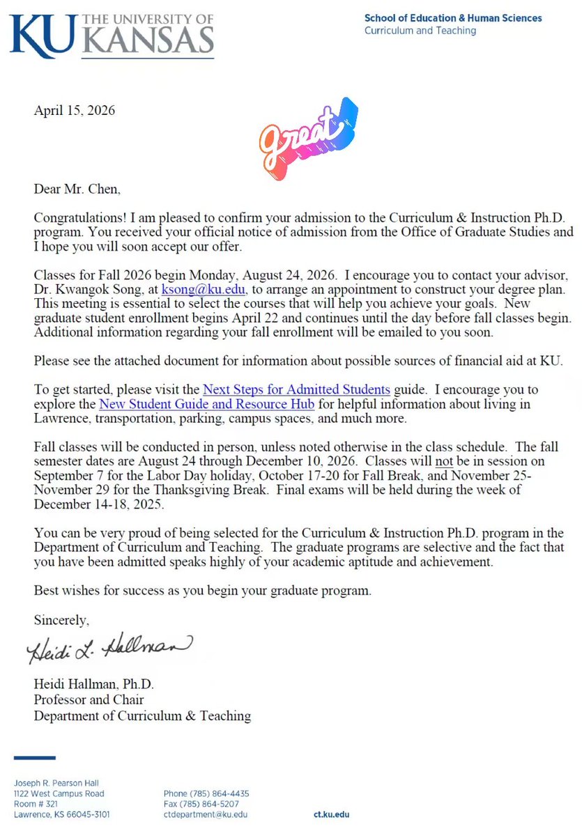 This is genuinely good news! I have been officially admitted to the PhD program in Curriculum and Instruction at the <a href="/KUSOEHS/">KU School of Education & Human Sciences</a> at the <a href="/UnivOfKansas/">University of Kansas</a>. #universityofkansas