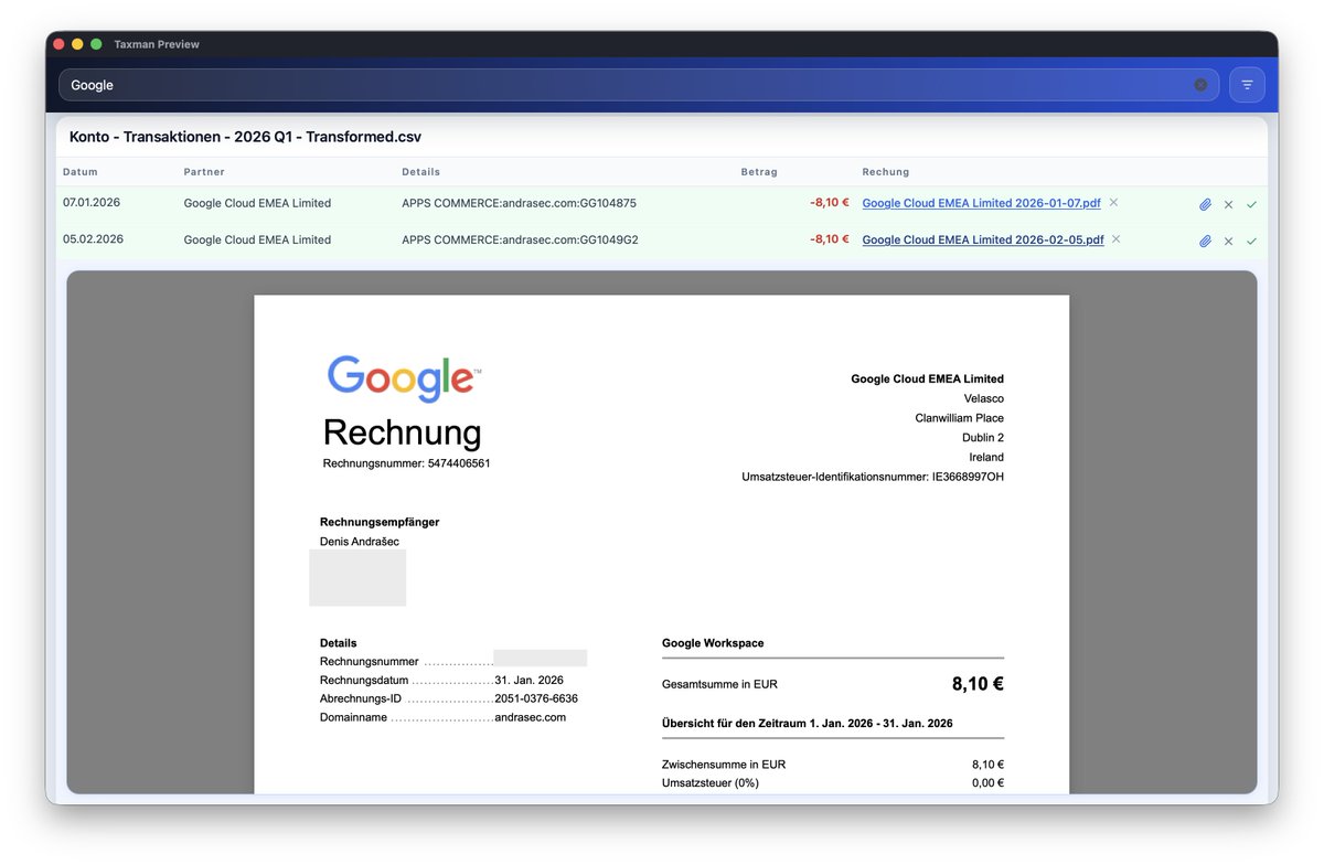 denrase's tweet photo. Build a workflow for quarterly bookkeeping with pi, gmcli (@badlogicgames) and glimpse (@DanielGri)

- download pdfs for the quater
- open bank transactions csv
- pick receipt, check inline, mark as done
- export for my tax advisor

semi-automated and i'm way faster than before https://t.co/AfkfZ23zhH