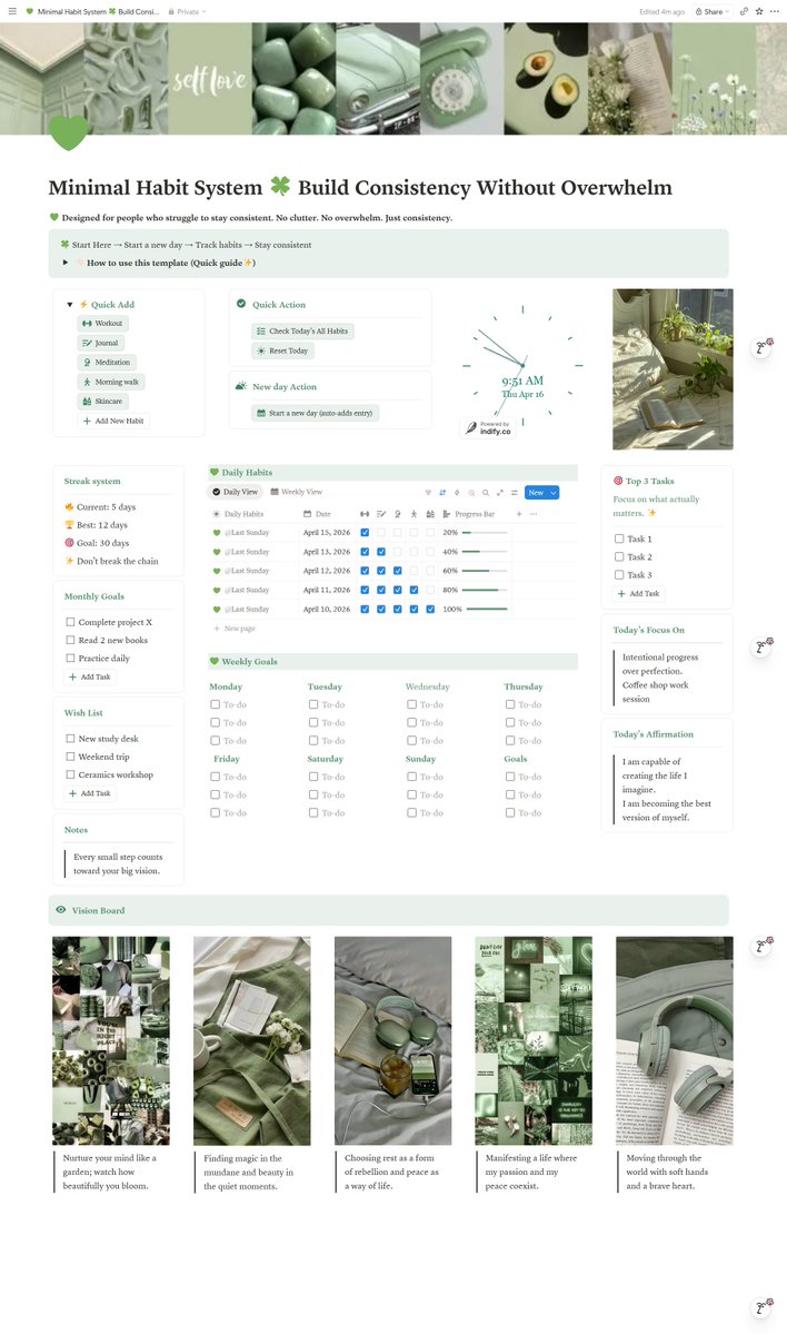 BakiSanArtistry's tweet image. I built a minimal habit system
because complex ones never worked for me
Simple. Clean. Consistent 🍀

#notiontemplates #habitbuilding #productivitytips #consistency #personaldevelopment
Link in bio