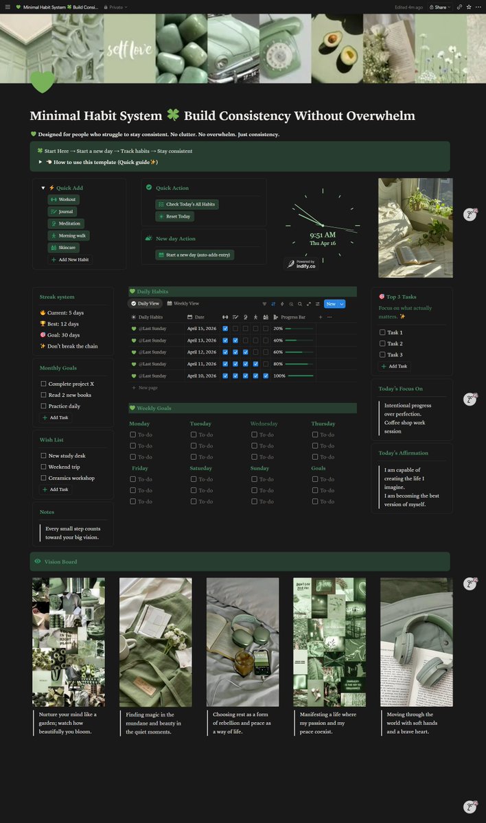BakiSanArtistry's tweet image. I built a minimal habit system
because complex ones never worked for me
Simple. Clean. Consistent 🍀

#notiontemplates #habitbuilding #productivitytips #consistency #personaldevelopment
Link in bio