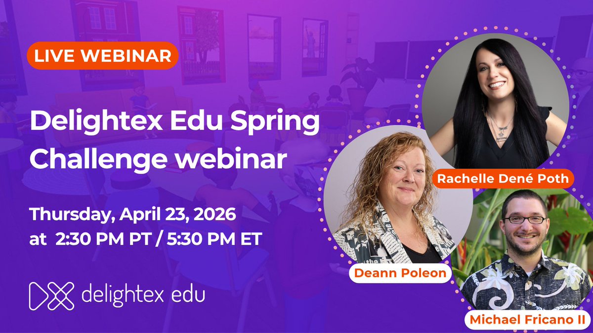 Rdene915's tweet image. Want a simple entry point into immersive learning? Join our webinar to learn how to use @Delightex_Edu for interactive student projects &amp;amp;maybe even win prizes! 🏆
Register: tinyurl.com/DelightexWeb
#education #STEM #coding #AI #learning #AIinedu #augmente…