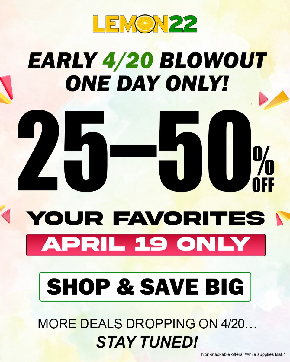 lemon22nj's tweet image. 📢 Early 4/20 deals just dropped — don’t blink or you’ll miss it. Enjoy 25–50% off your favorites on April 19 only. Shop &amp;amp; save big.

#SaleAlert #FlashSale #LimitedTime #OfferAlert #staylifted #highsocitey #cannabiscommuntiy