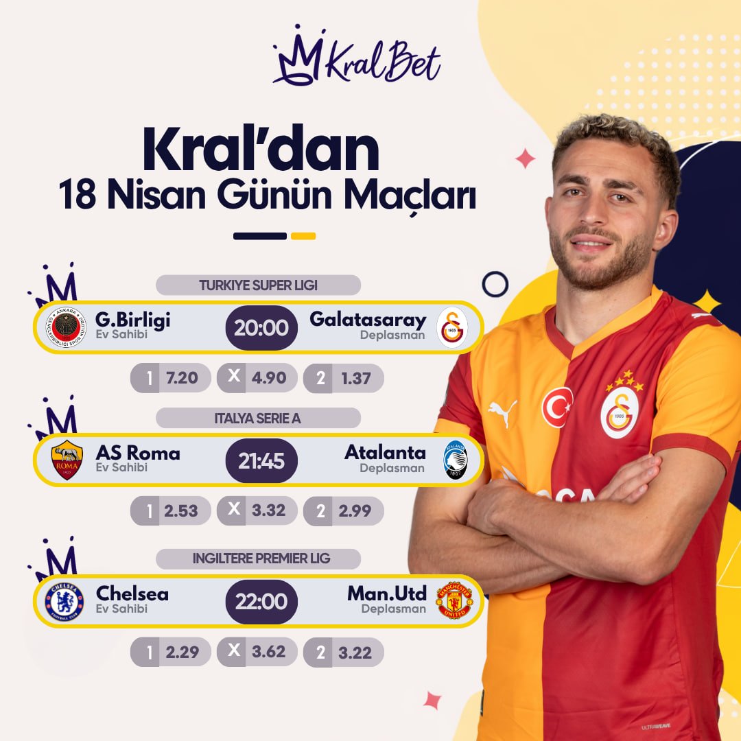Kralbet_Turkey_'s tweet image. ⚽️ 20:00 | Gençlerbirliği - Galatasaray
⚽️ 21:45 | AS Roma - Atalanta
⚽️ 22:00 | Chelsea - Manchester United

🏆 Günün favori maçları, geniş bahis seçenekleri ve en kral oranlarla #KralBet’te! 👑

✅ En kral oranlarla krallar gibi kazan!

#GBvGS #CHEMUN #MUFC #SüperLig