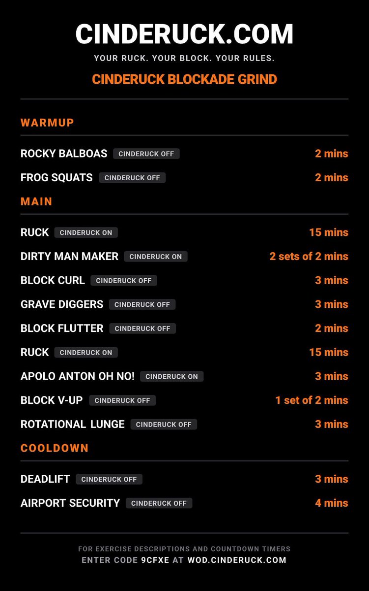 cinderuck's tweet image. Workout Of The Day (WOD)
(April 18, 2026)
Kick-off this workout straight from your phone
(includes timers and exercise descriptions)
wod.cinderuck.com/?id=9CFXE

Generate your own free CINDERUCK hybrid workout at
wod.cinderuck.com
#CINDERUCK #HYBRIDWORKOUT #WOD
#ruckchallenge