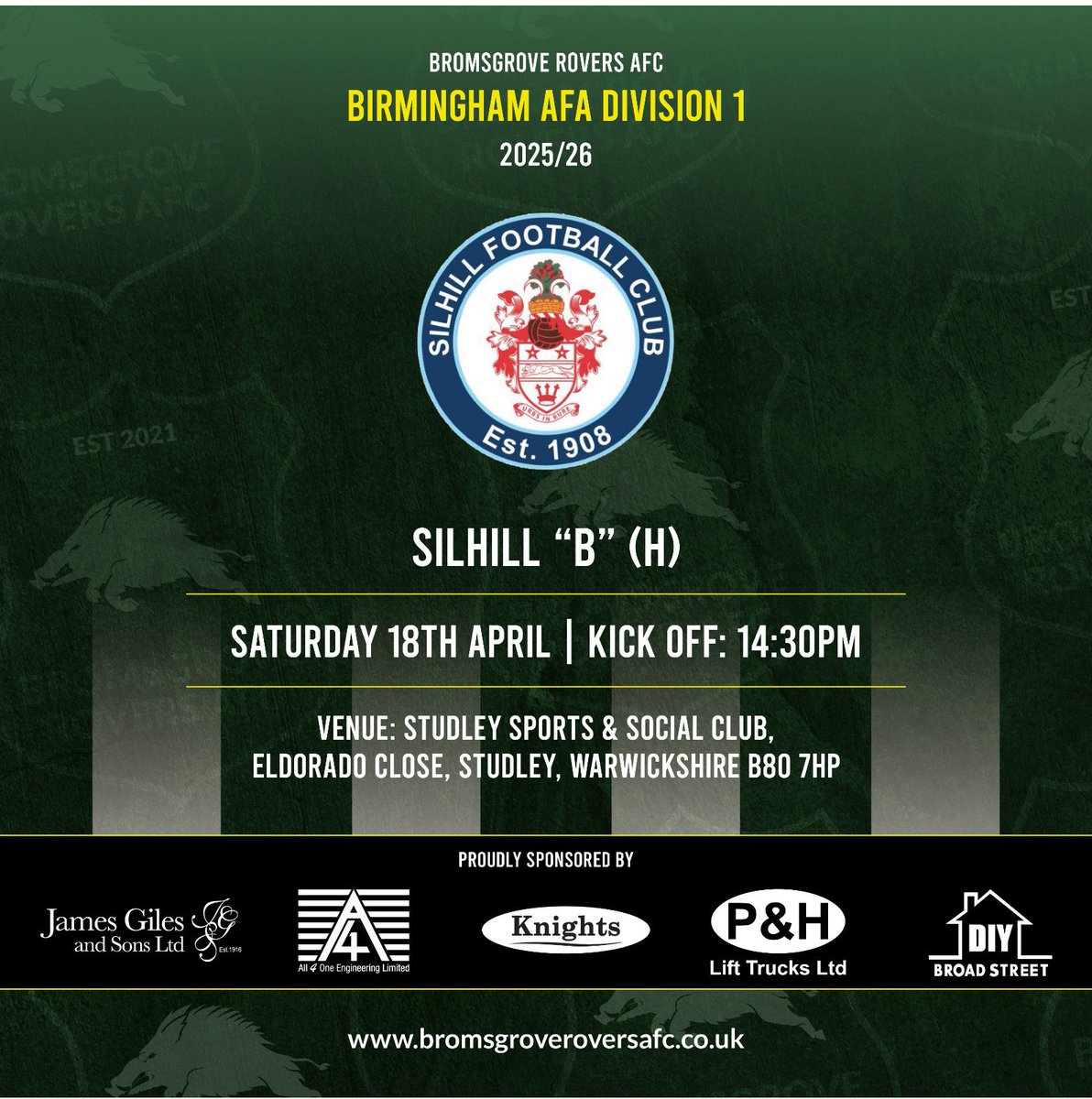 RoversAFC2020's tweet photo. 📢Rovers 1st team Fixture News📢
This Afternoon @RoversAFC2020 1st team host @Silhill_B_FC in a @BirminghamFL  Division one fixture 
 📅 –  18th April 2026
⏰ - KO: 14.30
🎫- Free Admission 
 🏟️-  Studley Sports and Social Club,Eldorado Close,Studley, Warks, B80 7HP
🍻 -Bar Open https://t.co/D72LAs1WCS