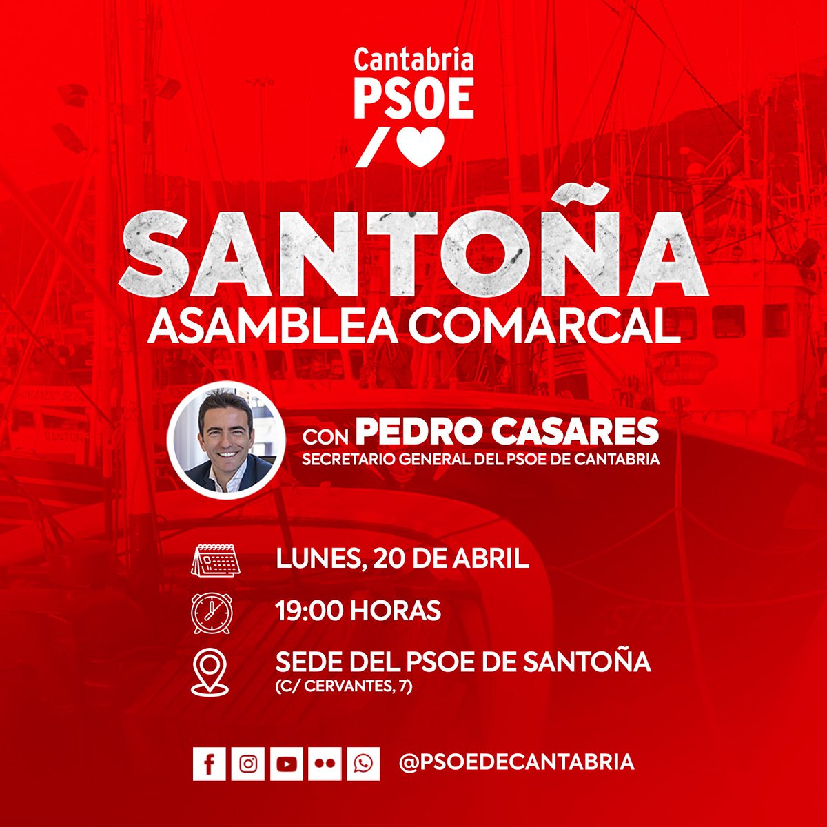 🌹📢 Asamblea Comarcal en Santoña!📢🌹

🗣️ Con el secretario general, <a href="/pedro_casares/">Pedro Casares</a> 

📍Sede agrupación PSOE Santoña (calle Cervantes, 7)

📅 Lunes, 20 de abril

⏰ 19.00 horas

¡Ven y participa!❤️

¡Te esperamos!🌹
