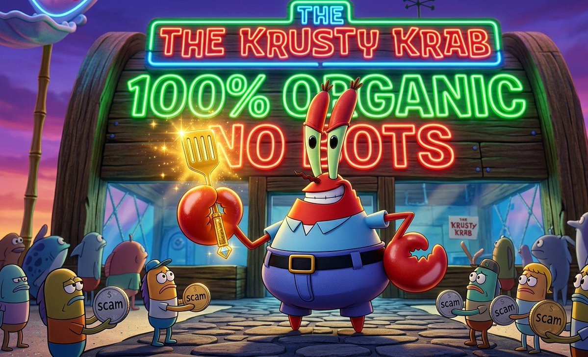SpoPatr's tweet image. Mr. Krabs knows where the real money is. While they pay for fake volume, we build a real community. 💸🦀
No bots, no paid shills, just pure organic legendary energy. 🫧🛡️
​
$SPOPATR

#DiamondHands #SolanaGem
