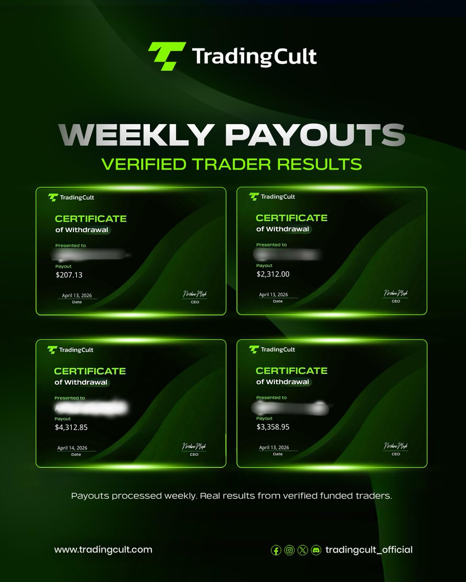 trading_cult's tweet image. This is not luck.

$207
$2,312
$4,312
$3,358

It’s execution.
Same rules.
Same market.

👉 Some traders get paid.
👉 Others keep watching.

Decide where you stand.

🔥 Start from $30
Code APRIL25
👉 bit.ly/tradingcult-ap…

#proptrading #fundedtrader #propfirm #payout #challenge