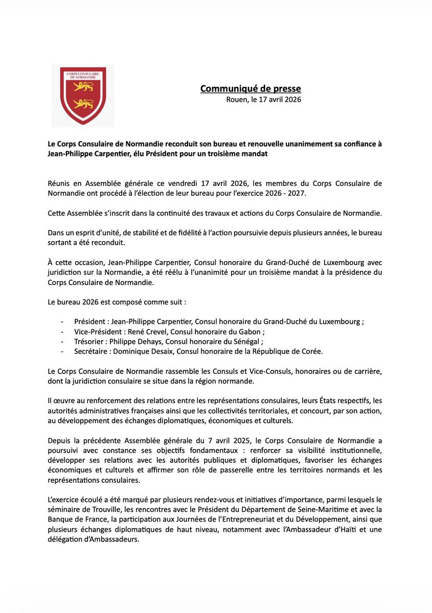 JPCarpentierUE's tweet image. J'ai plaisir à annoncer que lors de son Assemblée générale du 17 avril 2026, le Corps Consulaire de Normandie m'a renouvelé unanimement sa confiance et élu pour un troisième mandat de #Président.

Le Corps Consulaire s'inscrit dans un esprit d’unité, de stabilité et de continuité