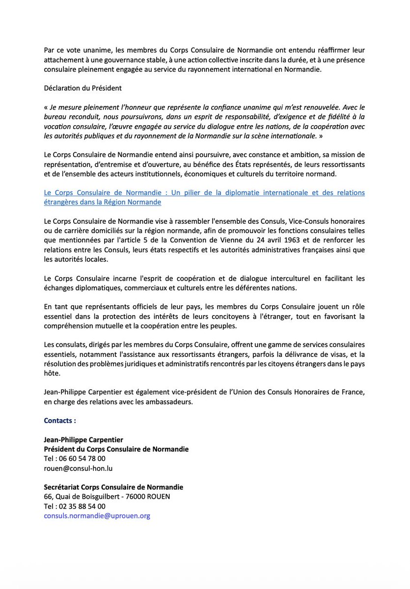 JPCarpentierUE's tweet image. J'ai plaisir à annoncer que lors de son Assemblée générale du 17 avril 2026, le Corps Consulaire de Normandie m'a renouvelé unanimement sa confiance et élu pour un troisième mandat de #Président.

Le Corps Consulaire s'inscrit dans un esprit d’unité, de stabilité et de continuité