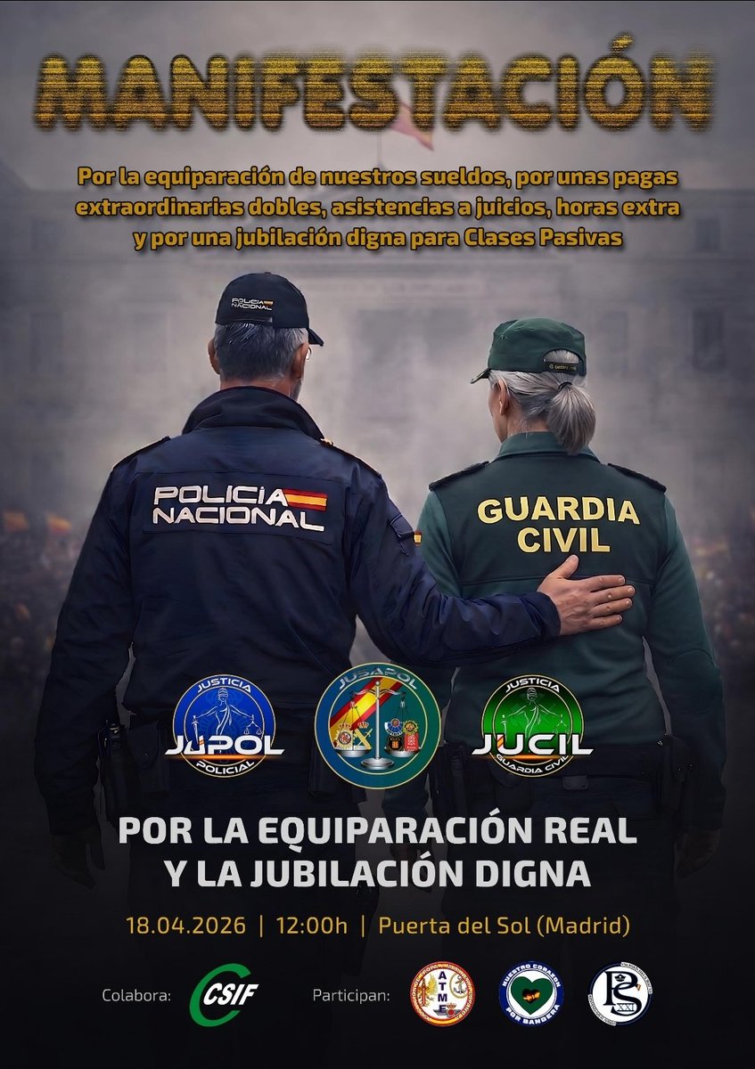 Zaragozajucil's tweet photo. @jusapolaragon Las FFYCCSE tenemos una cita ineludible por un derecho fundamental que engloba a todos los demás, la equiparación total con policías autonómicas. 

#18AMadrid  #ProfesionDeRiesgoYa #EquiparacionYa

‼️TODOS A SOL ‼️ https://t.co/1ZEb0ojC3V