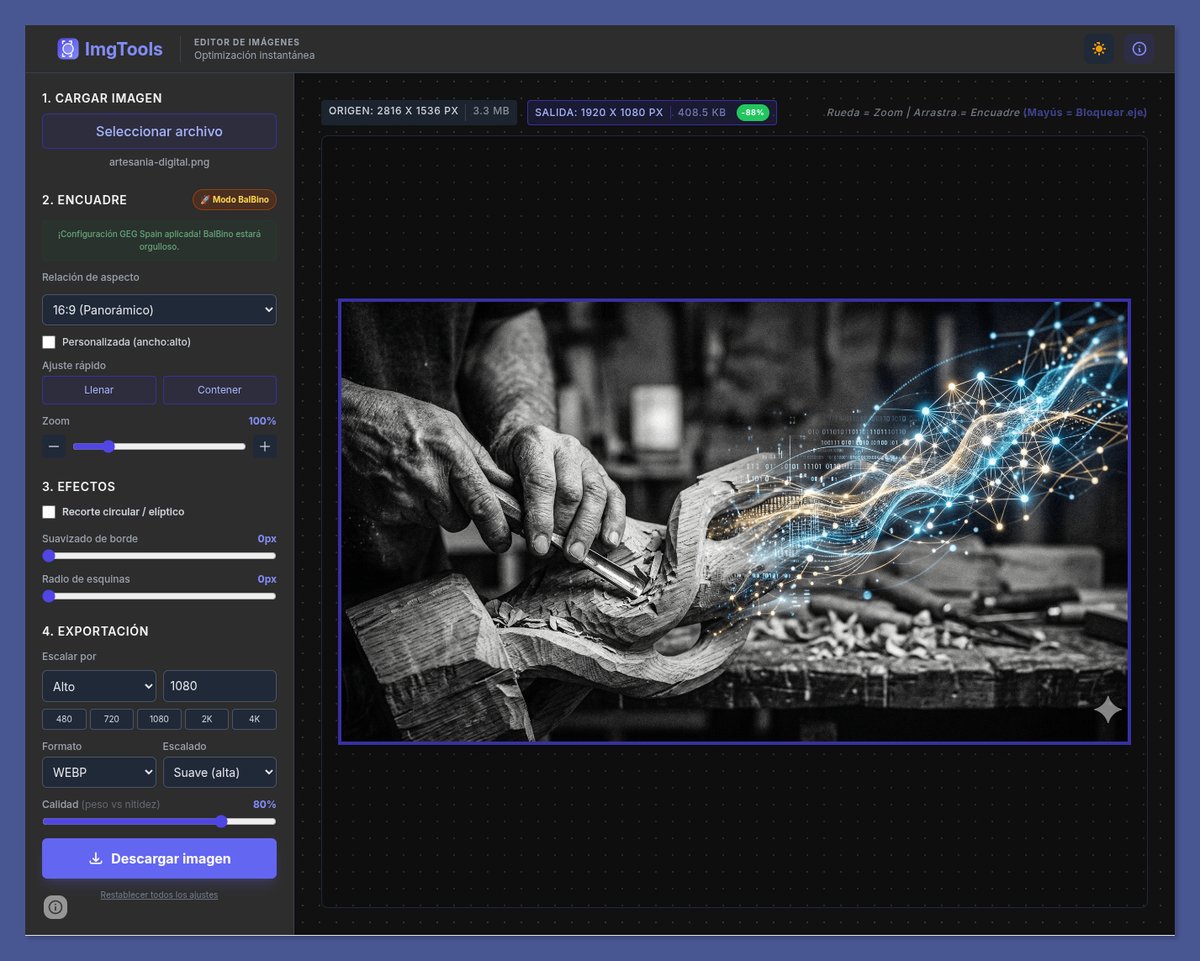 pfelipm's tweet image. He publicado una nueva versión (13/04) de mi herramienta #ImgTools:

⭕ Recorte circular / elíptico
🪶 Suavizado perimetral inteligente (𝘧𝘦𝘢𝘵𝘩𝘦𝘳)
🔢 Ajuste numérico fino de los efectos
↔️ Efectos proporcionales a la resolución de la imagen

 ➤ imgtools.pablofelip.online