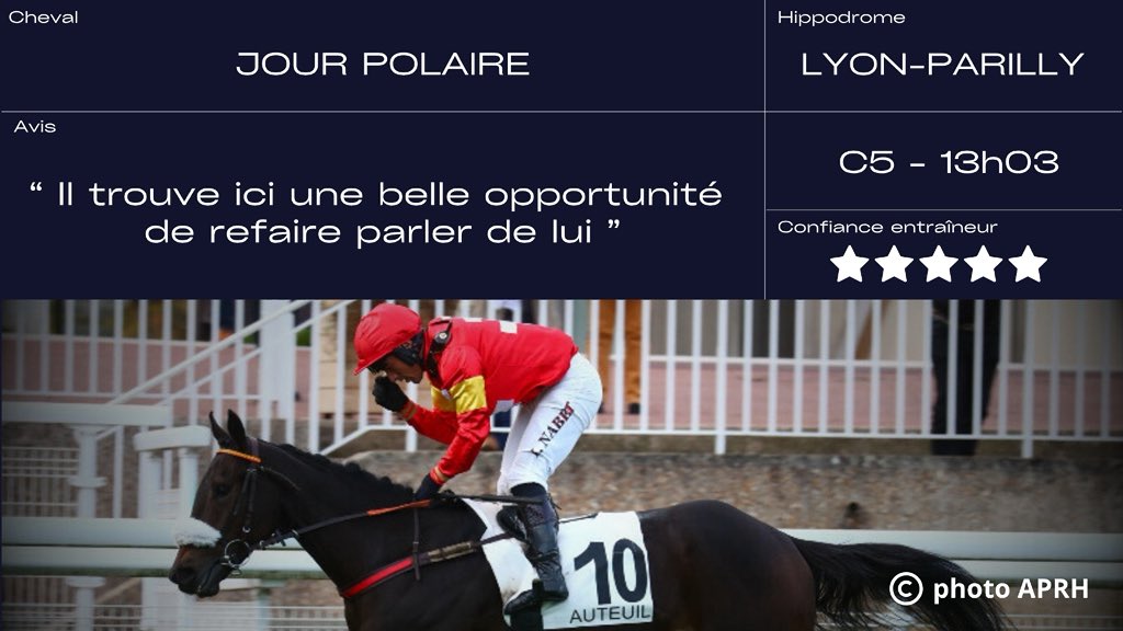EcurieSeror's tweet image. #Lyon #Parilly 2️⃣ partants 

⭕️ Prix du Bois Noir
🐴 QUAINT
🧑‍✈️ J. Phelippé

⭕️ Prix Henri Audras
🐴 JOUR POLAIRE
🧑‍✈️ J. Phelippé