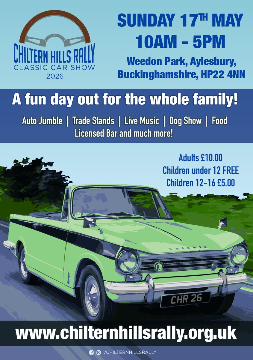 ajfmotor's tweet photo. Sunday 17th May #chilternhillsrally #classiccarshow #aylesbury #fundogshow #bucksradio #childrensrides #familydayout #classiccars #vintagecars #tickets #booknow https://t.co/Upk0IV5unt