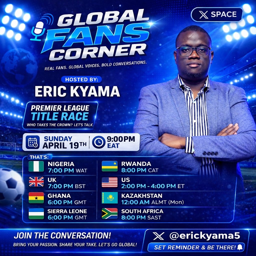 erickyama5's tweet photo. Over the past five days, I’ve been struck by how many people—from across the African continent and even beyond—have reached out, all expressing similar frustrations with the performance of the football clubs they support. It’s not just about Arsenal Football Club, but a wider conversation around several clubs in the Premier League. The passion is undeniable, but what’s been missing is a shared space to channel those thoughts, opinions, and emotions.

That realization made one thing clear: We need a platform where football lovers can speak freely, connect, and be heard.

This weekend, immediately after the @ManCity vs @Arsenal clash, I’ll be hosting our very first X Space, Global Fans Corner, which will take place every weekend. This won’t just be another discussion; it will bring together speakers from across Africa and beyond, offering diverse perspectives on the game we all love.

We’ll dive into the Premier League title race. What has worked, what hasn’t, the key moments, decisions, and performances shaping the season. Expect honest takes, strong opinions, and real football debate.

And to be clear, this is not just for Arsenal fans. This is for every football lover, anywhere in the world.

Bring your passion. Share your perspective. Join the conversation.

@BryanKimenyi @CliveKyazze @DhakabaKigongo @james_mbigo @AllanDarren @sk_bongomin93 @senelvis