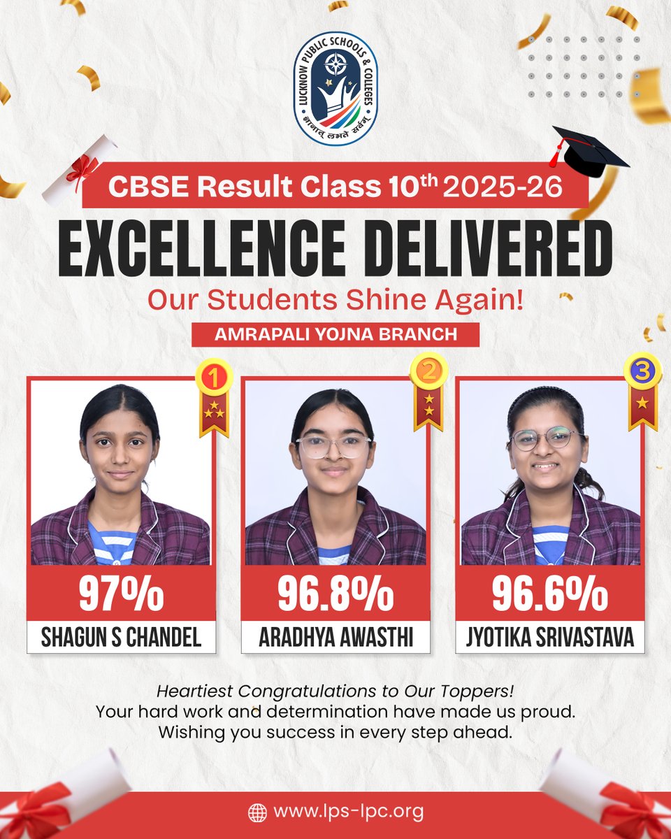 LucknowPublic's tweet photo. Heartiest congratulations to our CBSE Class X toppers! 🌟
Your dedication, perseverance, and hard work have truly paid off. You have made us immensely proud.
Wishing you continued success and excellence in all your future endeavors! https://t.co/PVWSuMSabo