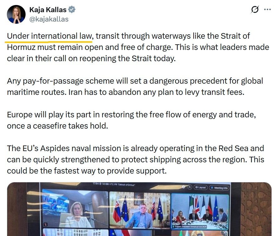 It is a truly sad irony that @KajaKallas dares to invoke international law. If Europe had any real ability to play a role, it should have stopped the American-Israeli aggression against Iran before it ever began.

🔸️Let’s be clear: bluffing does not grant you ability—it only