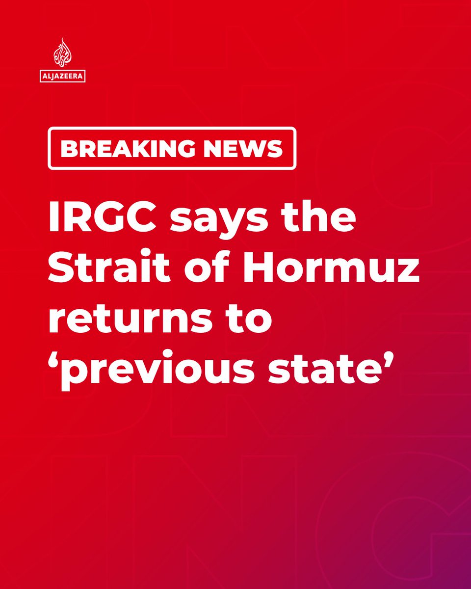 AJEnglish's tweet image. BREAKING: The IRGC’s joint military command has issued a statement claiming that control of the Strait of Hormuz has now "returned to its previous state" due to the US’s continuing blockade of Iranian ports.

🔴 LIVE updates: aje.news/wjkib2