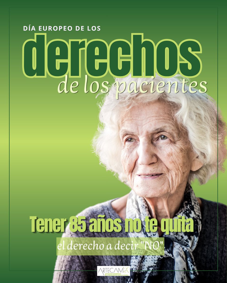 ARTECAMCLM's tweet photo. ¿Sujetos pasivos? Decidir por una persona mayor qué comer o qué tratamiento seguir es paternalismo.👉 La autonomía no se pierde con la edad. 

Derecho a información clara, a decidir y a ser tratado con dignidad.💬 ¿Se respeta su voz en el sistema sanitario? #DerechosDelPaciente https://t.co/n92TtElqSA