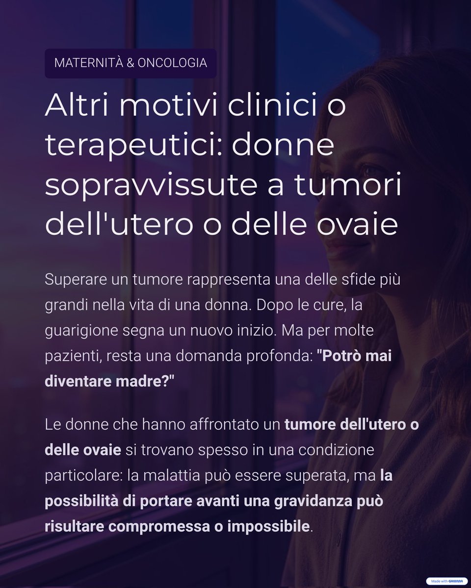 BioTexCom_it's tweet photo. Altri motivi clinici o terapeutici: donne sopravvissute a tumori dell’utero o delle ovaie

Superare un tumore rappresenta una delle sfide più grandi nella vita di una donna.
Dopo le cure, la guarigione segna un nuovo inizio. Ma per molte pazienti, resta una domanda profonda:
“Potrò mai diventare madre?”

Le donne che hanno affrontato un tumore dell’utero o delle ovaie si trovano spesso in una condizione particolare: la malattia può essere superata, ma la possibilità di portare avanti una gravidanza può risultare compromessa o impossibile.