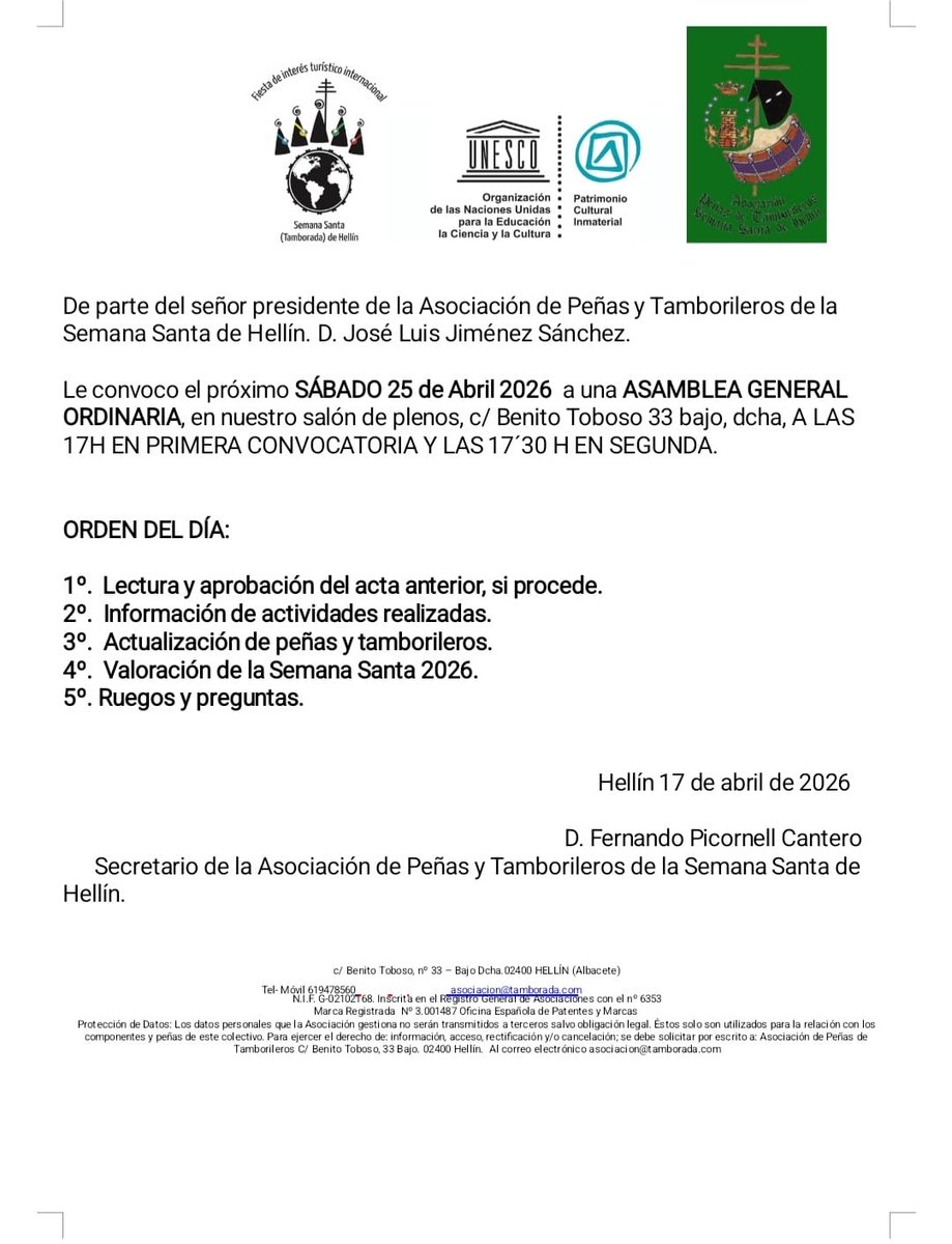 Tamboradahellin's tweet photo. ¡NOS REUNIMOS EN ASAMBLEA GENERAL ORDINARIA! ESTE SÁBADO 25 DE ABRIL, A LAS 17,30 H, EN EL SALÓN DE PLENOS DE NUESTRA ASOCIACIÓN (C/ Benito Toboso, 33 bajo).
Recuerda que a nuestras asambleas podéis asistir aún sin estar asociados. Asociados, con voz y también voto individual. https://t.co/pBaA3rqbmz
