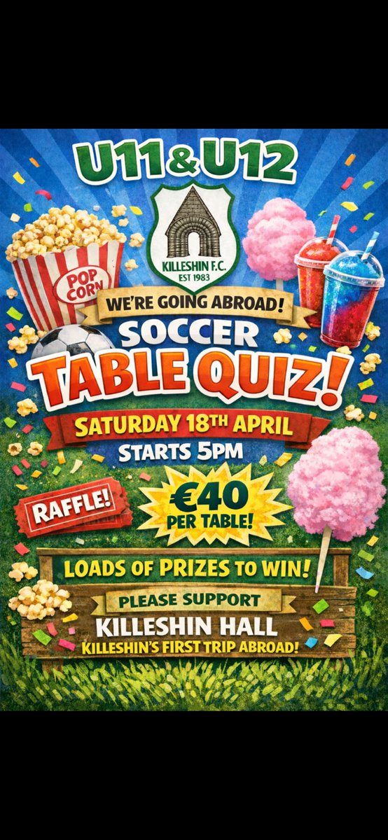 KilleshinFC's tweet photo. Killeshin U11 &amp; U12 teams are planning a trip abroad  ✈️for both teams early next year, the lads are very excited...🟢⚪

We have organized  a fundraising  TABLE QUIZ  AND FAMILY FUN AFTERNOON, 5PM SATURDAY 18TH IN KILLESHIN HALL 
All support greatly appreciated https://t.co/JbytEv5PjX