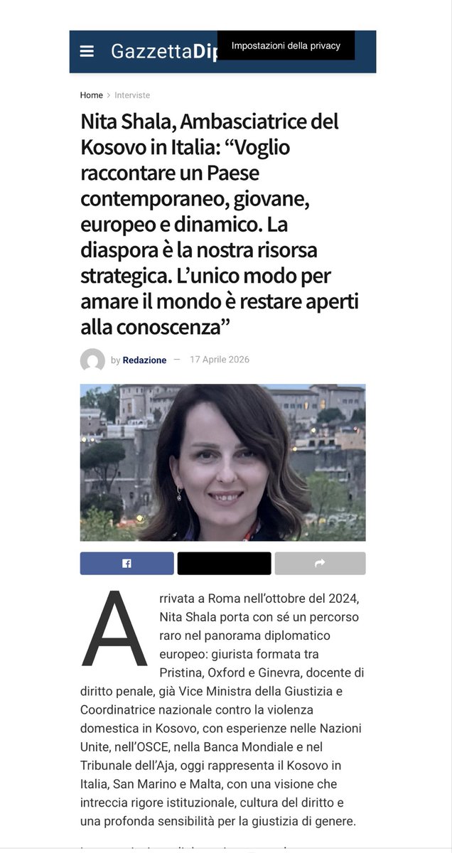Nitashala's tweet photo. Happy to answer the thoughtful questions of Marco Finelli for @GazzettaDip.
Kosovo: young, European, dynamic — with a diaspora that is a true strategic asset.
Link: https://t.co/ivKVXoeOUe https://t.co/Umh6C5rZXt