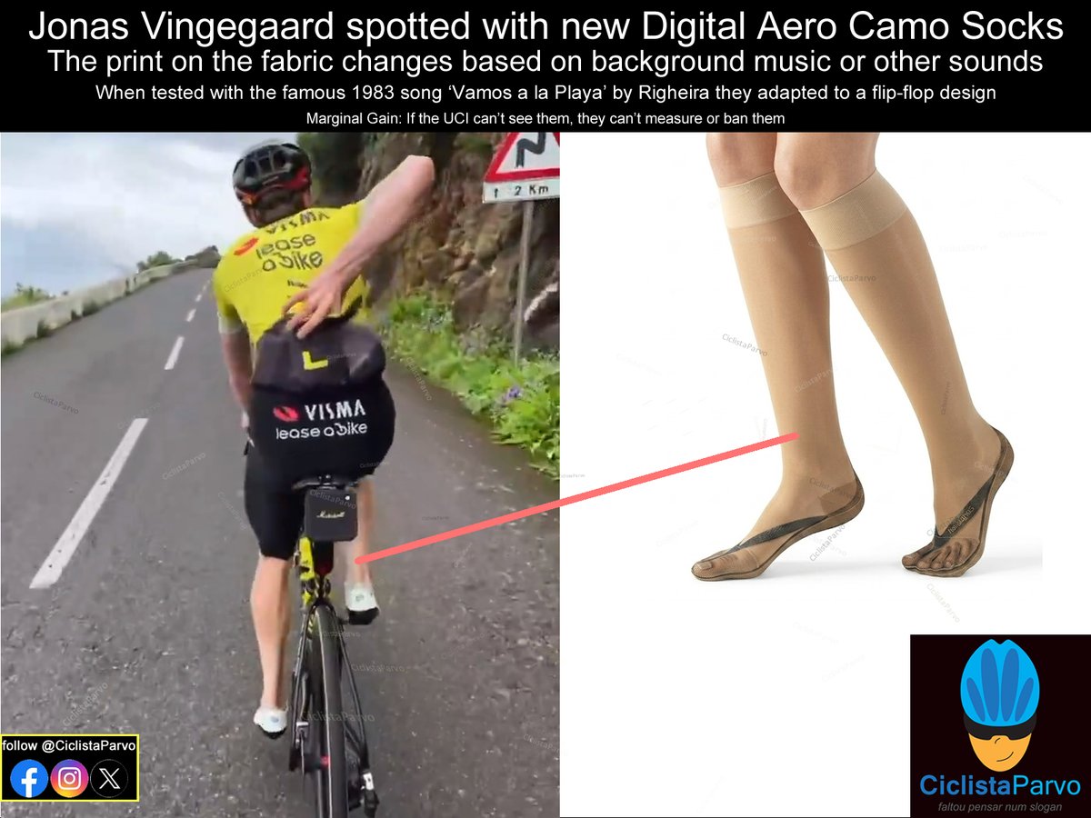 CiclistaParvo's tweet image. @VingegaardJonas spotted with new Digital Aero Camo Socks
Fabric changes based on background music
Tested with song 'Vamos a la Playa' by Righeira they adapted to flip-flop design
Marginal Gain: If the UCI can't see them, they can't measure or ban them

#humor #fun #ciclistaparvo