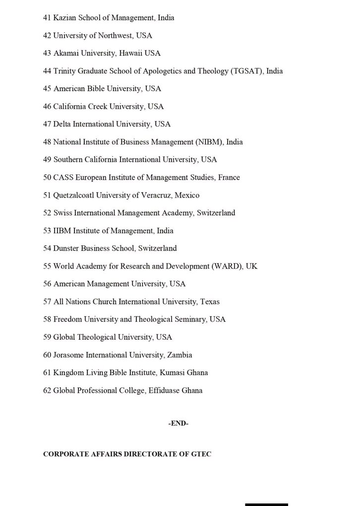 Noticeboardgh's tweet photo. 📍📍JUST IN📍📍
GTEC releases updated list of unrecognized institutions in Ghana as of April 2026. Prospective students and the public are advised to verify accreditation status before enrolling to avoid complications. #GTEC #EducationGH #Accreditation https://t.co/DY3tsesXFn