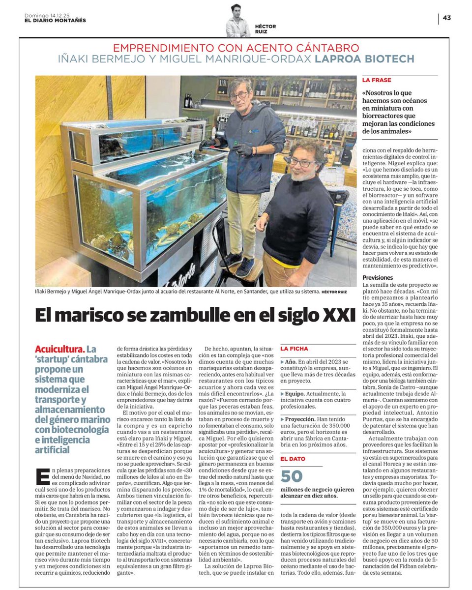 Sodercan's tweet image. 🚀 #Emprendedores | Laproa revoluciona la acuicultura en Cantabria con biotecnología e Inteligencia Artificial

🗞️ Conoce su historia en este reportaje de @dmontanes 
eldiariomontanes.es/economia/maris…