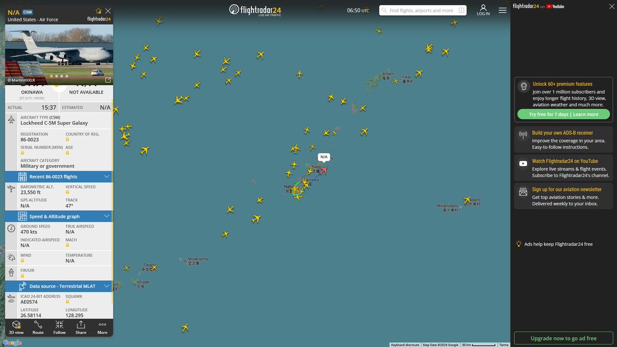 AIYeyENGDdJkjTr's tweet image. Apr. 18, 2026
#Fairfield Travis Air Force Base #Joint Base Pearl Harbor-Hickam, Honolulu #Okinawa Kadena Air Base #Diego Garcia #Okinawa Kadena Air Base ==&amp;gt; #Anchorage

#RCH1850 #AE0574 USAF C-5M Super Galaxy