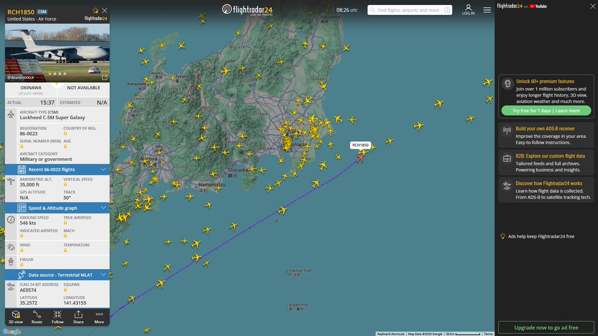 AIYeyENGDdJkjTr's tweet image. Apr. 18, 2026
#Fairfield Travis Air Force Base #Joint Base Pearl Harbor-Hickam, Honolulu #Okinawa Kadena Air Base #Diego Garcia #Okinawa Kadena Air Base ==&amp;gt; #Anchorage

#RCH1850 #AE0574 USAF C-5M Super Galaxy