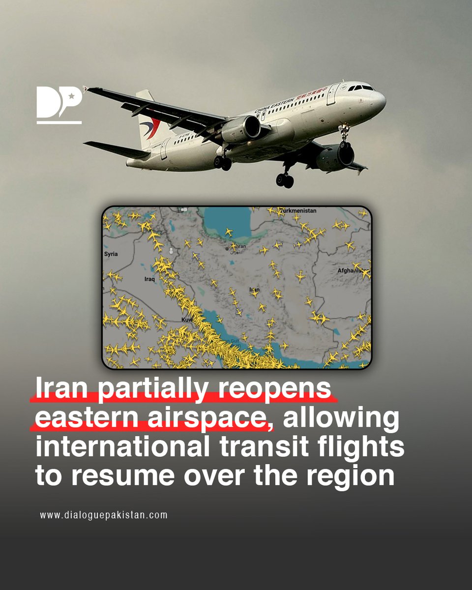 DialoguePak's tweet image. Iran has reopened part of its airspace in the eastern region, permitting international flights to pass through, according to the country’s Civil Aviation Authority.

#DialoguePakistan #Iran #Reopened #Airspace #International #Flights #PassThrough