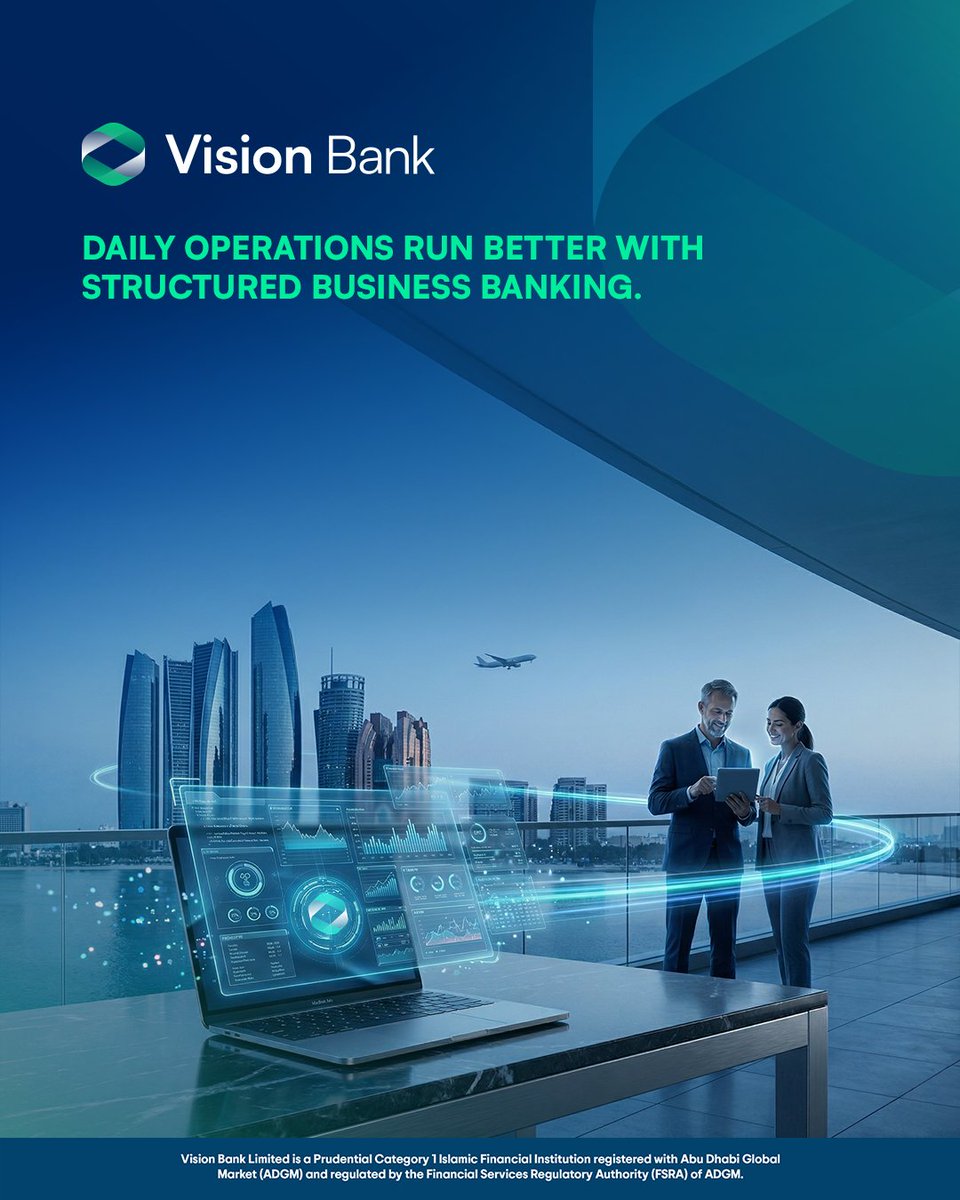 visionbank_vb's tweet photo. Daily operations are where banking proves its value. From managing payments and maintaining visibility across transactions to supporting routine financial activity with clarity, structured banking helps businesses stay focused on what they do best.

Operating within Abu Dhabi Global Market brings an added layer of structure to that experience. ADGM is designed as an international financial centre with an independent legal and regulatory framework, supported by the Financial Services Regulatory Authority, which oversees financial services and promotes transparency, stability, and sound governance across the ecosystem. This kind of environment helps create a strong foundation for businesses that value clarity and consistency in their banking relationships.

At Vision Bank, everyday banking is shaped around supporting operational momentum with structure and continuity. The focus is on creating a banking experience that aligns with how businesses function daily, so financial operations feel organised, reliable, and well supported within a well-regulated financial environment.

#VisionBank #CorporateBanking #ADGM #DigitalBanking