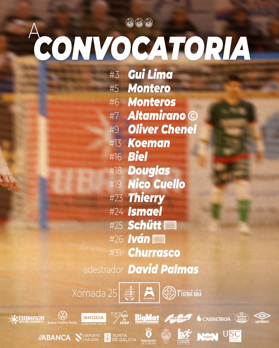 NoiaFutbolSala's tweet photo. 📋 A 𝗰𝗼𝗻𝘃𝗼𝗰𝗮𝘁𝗼𝗿𝗶𝗮 para o #NoiaPAFSAlzira!

🔙 Gui Lima
☑️ Desde o Filial, Oliver Chenel, Koeman, Nico Cuello e Iván
❌ Leozin, Macedo, Diego, David Pazos, Peixe e Rubi

⏰ 16:30h
🎟️ https://t.co/GmfXX0iCYq
📺 LALIGA+ https://t.co/sdn0WF7MTv