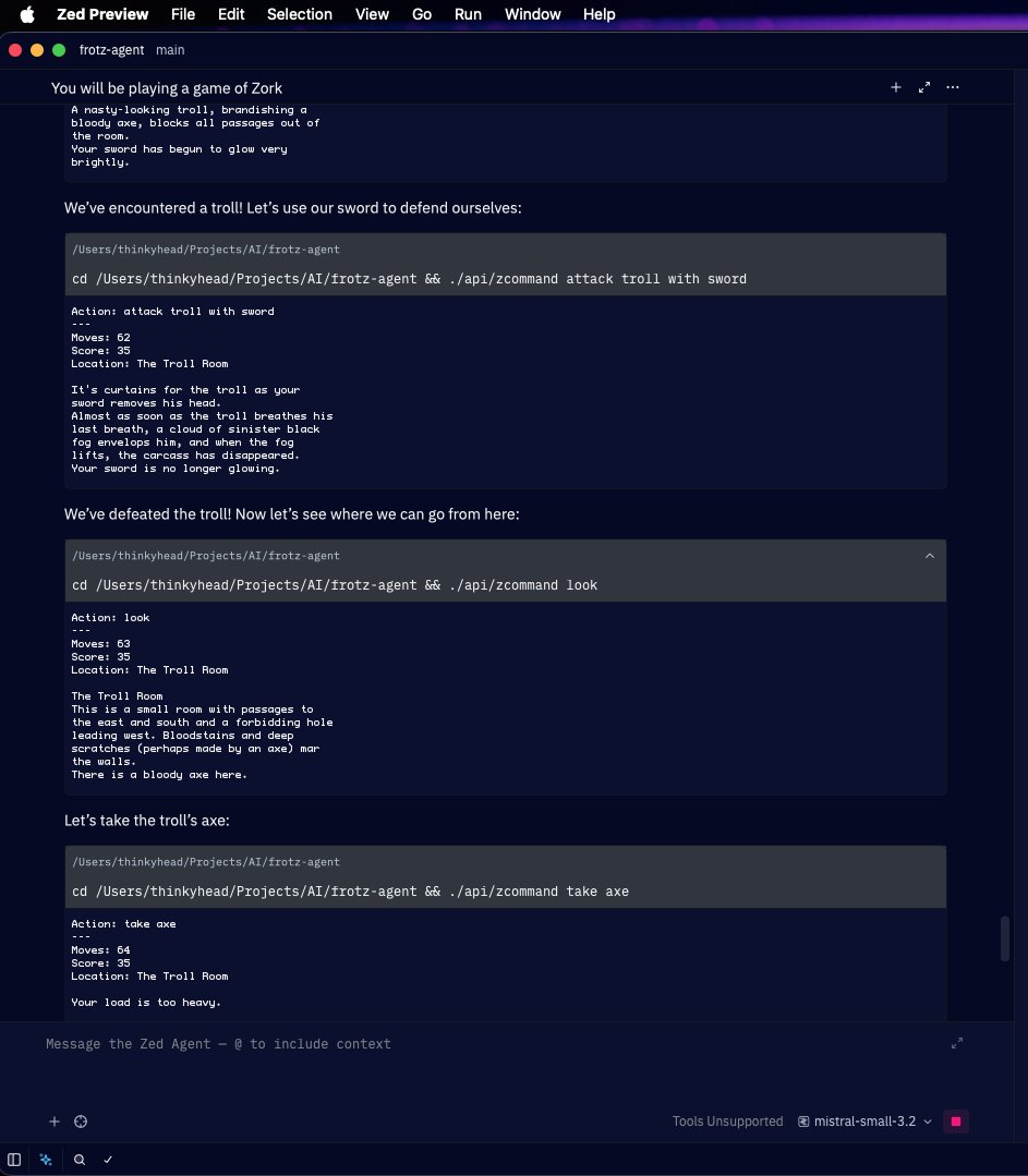 thinkyhead's tweet image. As an experiment I set up a simple Frotz endpoint so #AI agents powered by #LLMs can play text adventures. I'm getting surprising results. Just within its own context Mistral Small 3.2 is one the best players of "Zork: The Great Underground Empire."
