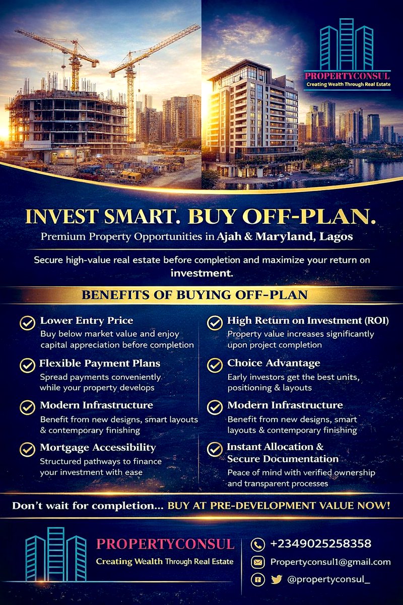 INVEST SMART. BUILD WEALTH BEFORE COMPLETION.

Why wait to buy at peak price when you can secure premium property at pre-development value?

With off-plan investment in Ajah and Maryland, you position yourself ahead of the market—buying early, paying flexibly, and gaining from