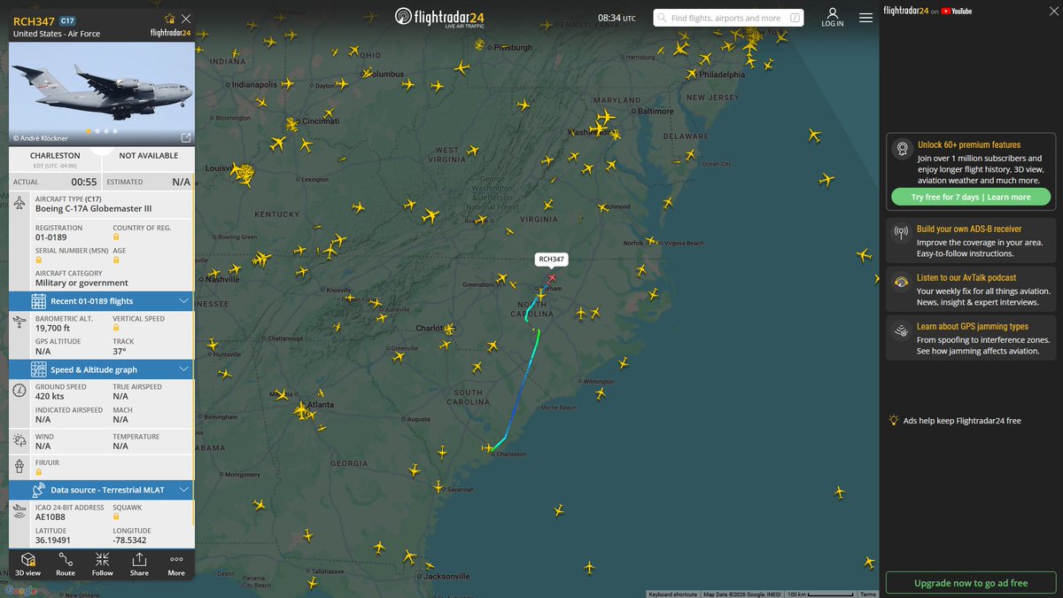 AIYeyENGDdJkjTr's tweet image. Apr. 18, 2026
#Joint Base Charleston #Fort Bragg, North Carolina ==&amp;gt;

#RCH347 #AE10B8 USAF C-17A Globemaster III