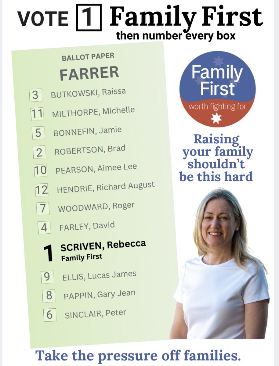 LyleShelton's tweet image. Thanks to everyone who turned out this afternoon for the launch of Family First’s campaign for Farrer. Rebecca Scriven is carrying the values that matter. #takethepressureofffamilies Vote 🗳️ 1 #FamilyFirst