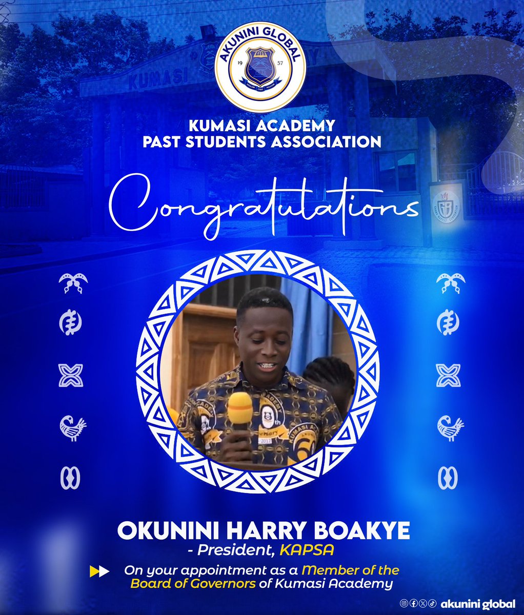 AkuniniGlobal_'s tweet photo. Huge congrats to the new members of the Kumasi Academy Board of Governors:
๐น Dr. K. Dapaah Siakwan (Chairman)
๐น Hon. Ernest Yaw Anim
๐น Okunini Harry Boakye
We wish you a successful tenure.
#KAPSA #KUMACA #Akunini
Akunini! Nimdeษ!
Vouloir Cโest Pouvoir
๐ต๐ก
#AkuniniGlobal https://t.co/PJ5U6Boeuw