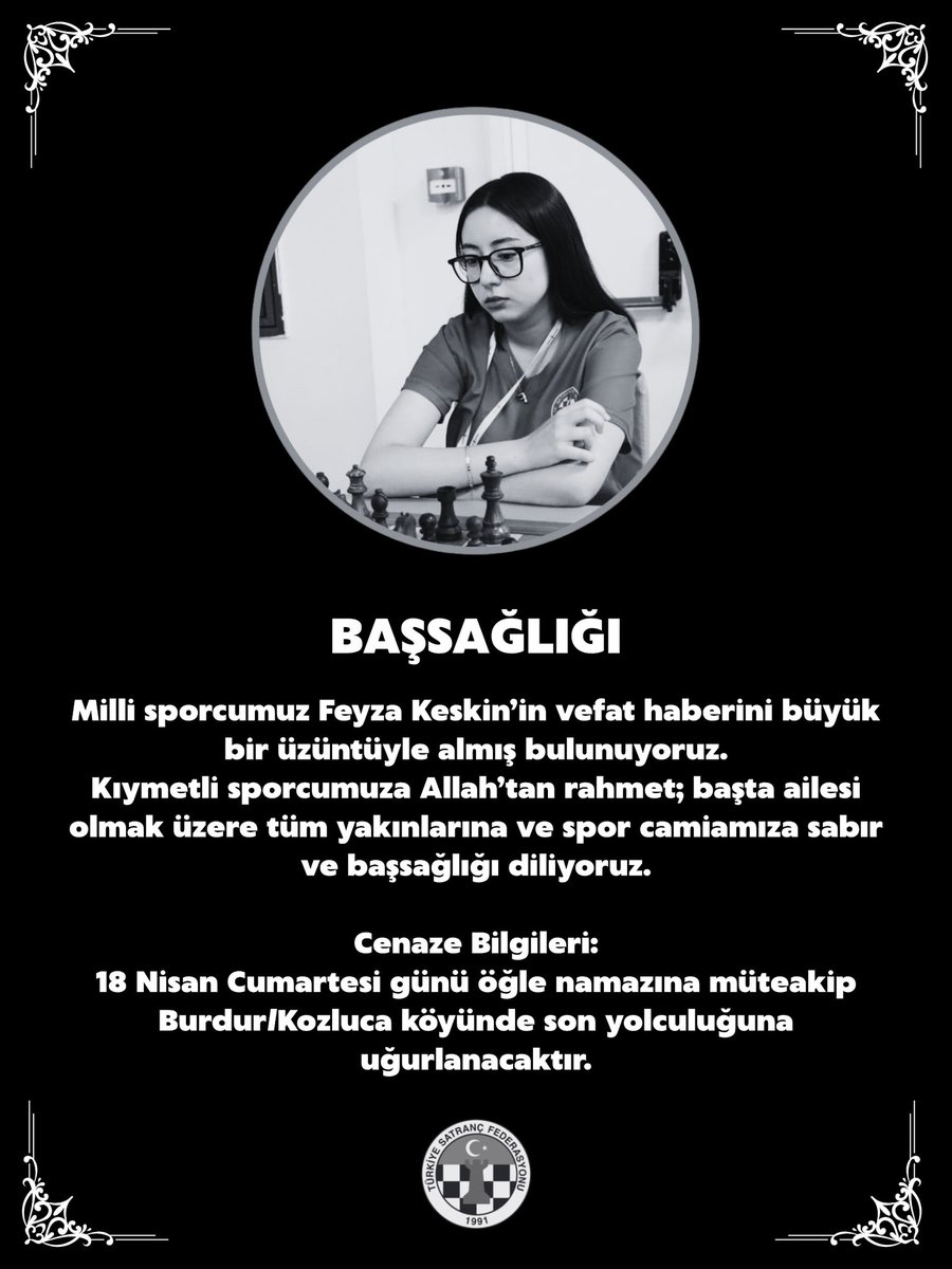 BAŞSAĞLIĞI

Milli sporcumuz Feyza Keskin’in vefat haberini büyük bir üzüntüyle almış bulunuyoruz.

Kıymetli sporcumuza Allah’tan rahmet; başta ailesi olmak üzere tüm yakınlarına ve spor camiamıza sabır ve başsağlığı diliyoruz.

Cenaze Bilgileri:
18 Nisan Cumartesi günü öğle