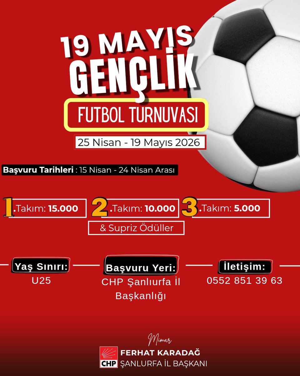 sanliurfa_chp's tweet photo. Şanlıurfa İl Başkanlığı olarak, 19 Mayıs Atatürk’ü Anma Gençlik ve spor bayramı nedeniyle,
25 Nisan – 19 Mayıs tarihleri arasında düzenleyeceğimiz  “19 Mayıs Gençlik Futbol Turnuvası” ile gençlerimizi sporun birleştirici gücüyle buluşturuyoruz.

 #19MayısGenclikveSporBayramı https://t.co/4IMuHwJHUc